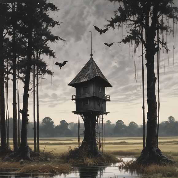 Mystical Black and Gray Treehouse Art Print - Picture 1 of 1